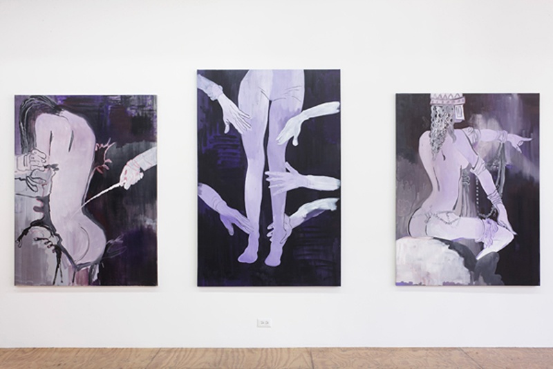 installation image of purple-black paintings of whipping and naked bodies